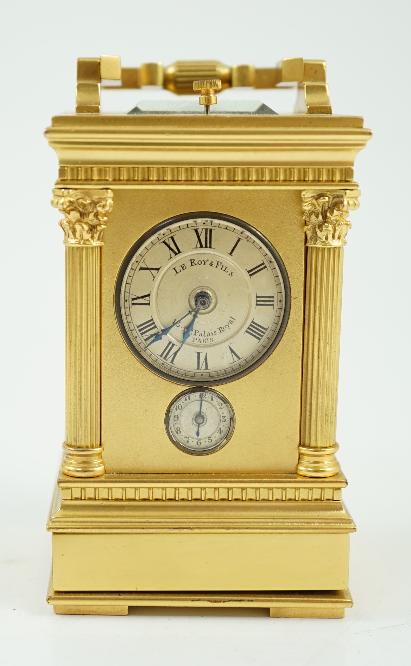 Le Roy & Fils, Palais Royale, Paris. A late 19th century French hour repeating miniature carriage alarum clock, 5cm wide, 4.5cm deep, 9.25cm high